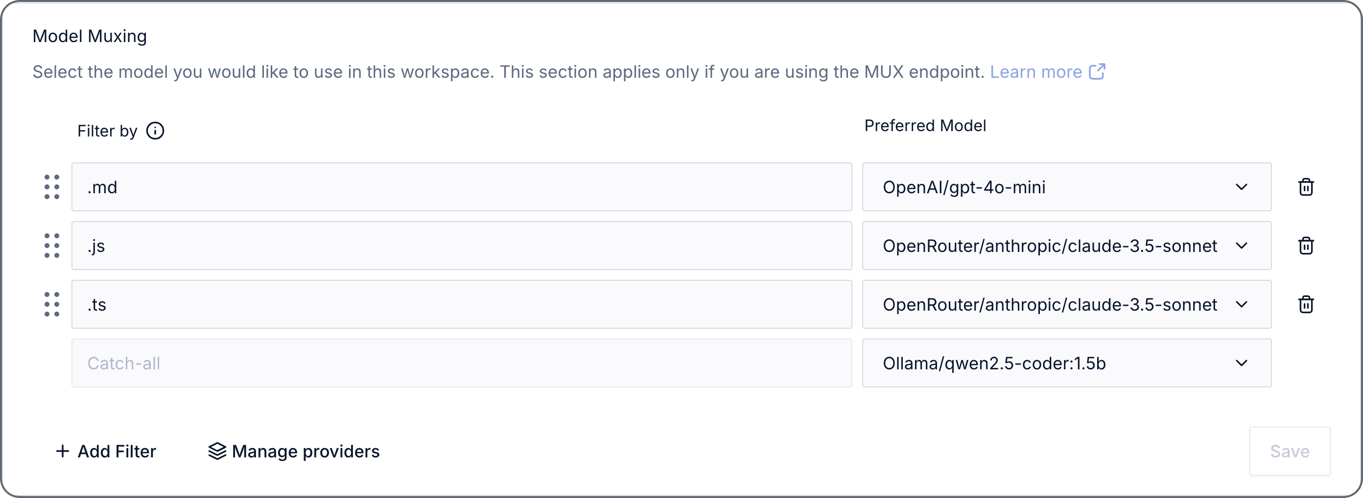 Example muxing rules An example showing several muxing rules for different file types
